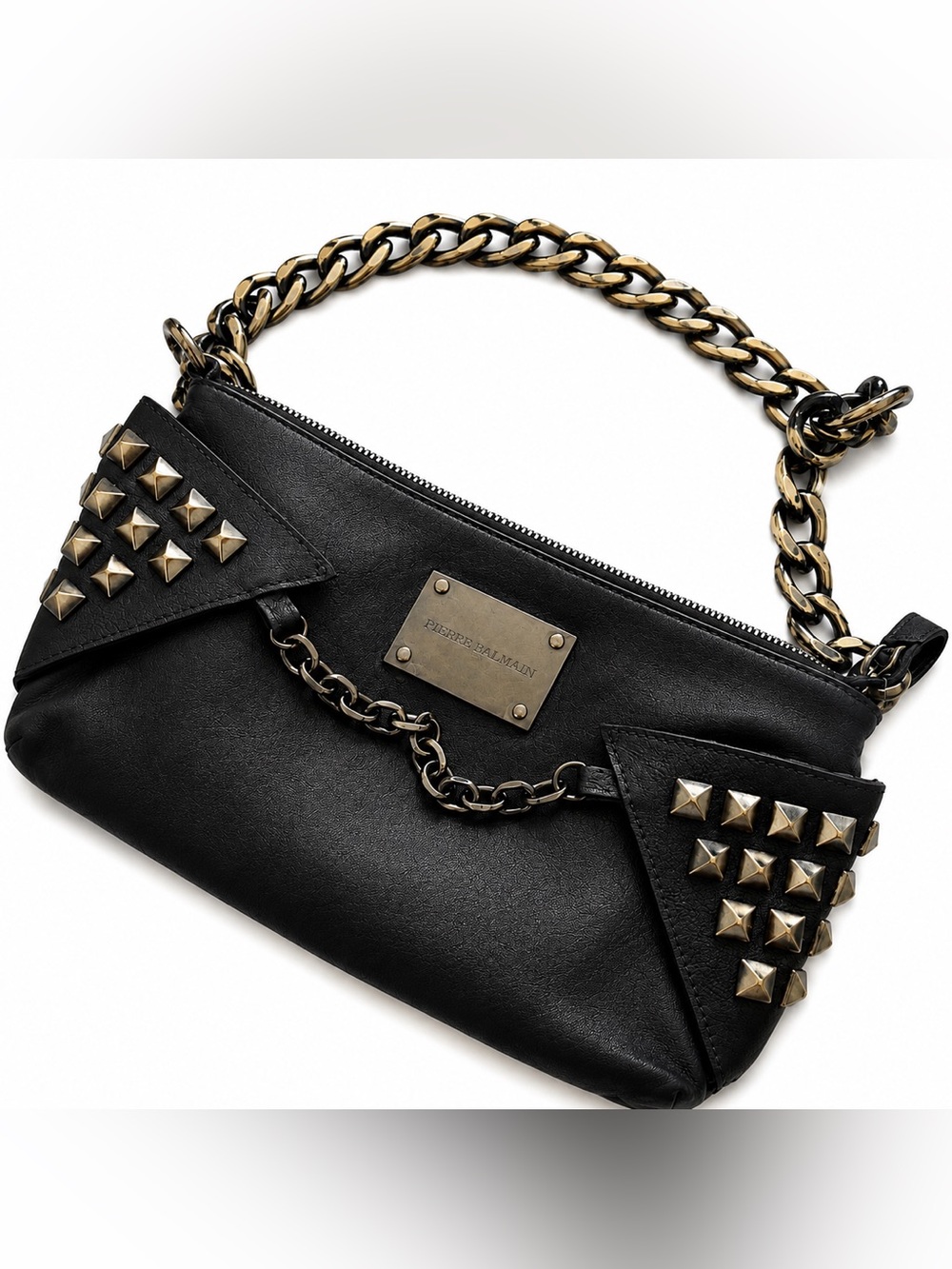 BALMAIN Y2K BLACK LEATHER STUDDED CHAIN SHOULDER BAG